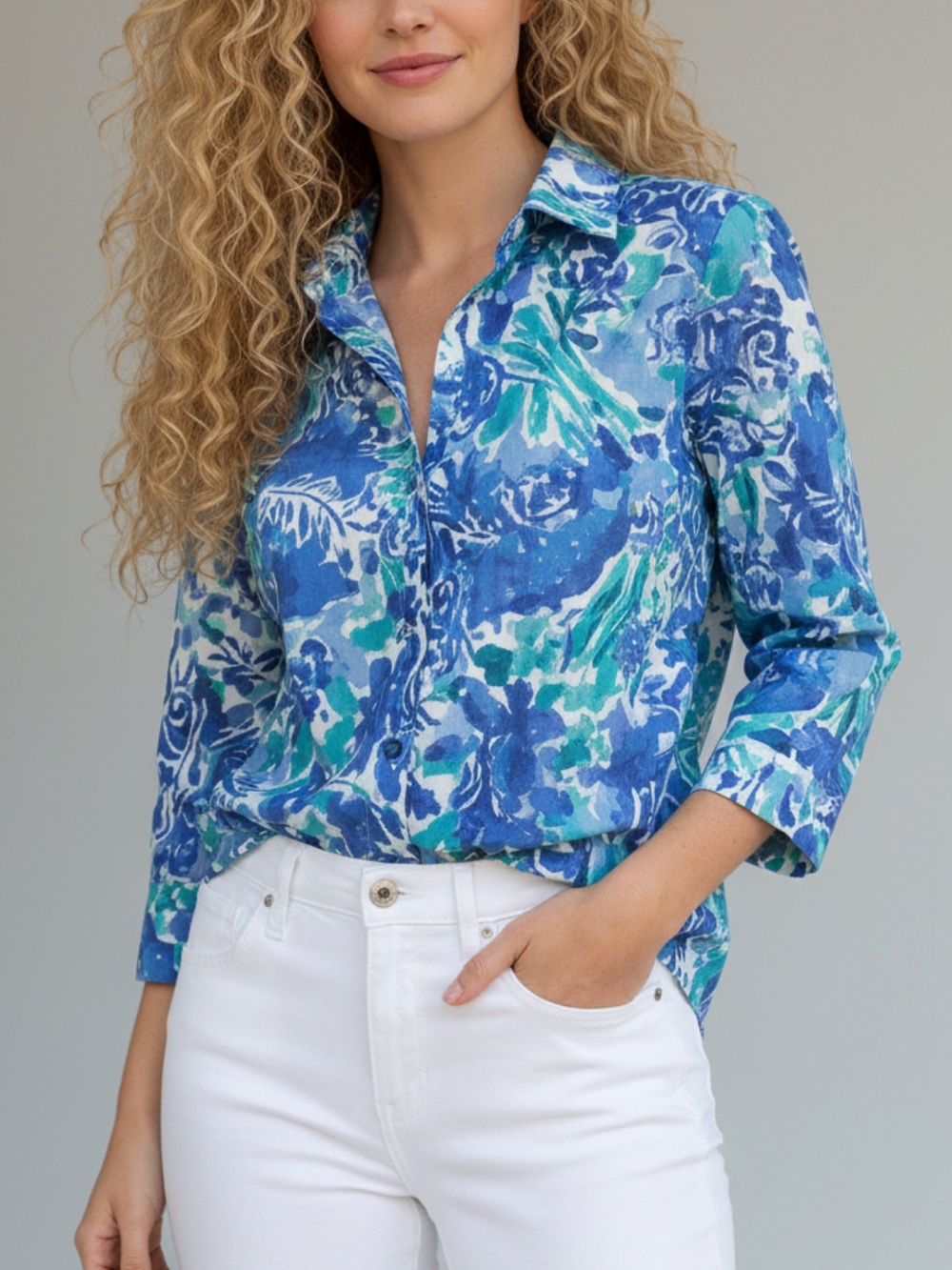 Chaps Blue & Green Floral Button-Down Women's Shirt